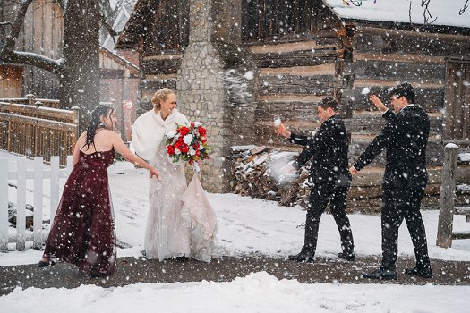wedding party snow ball fight